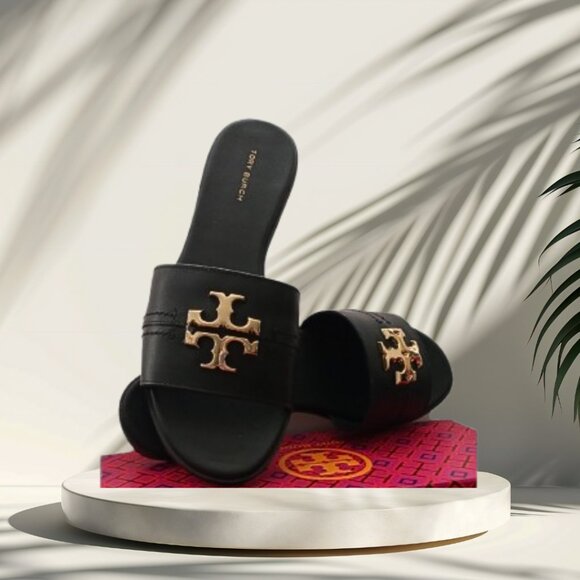 TORY BURCH EVERLY BLACK LEATHER HARDWARE LOGO W/BOX DUSTBAG SANDALS SLIDES 8 - Picture 5 of 9